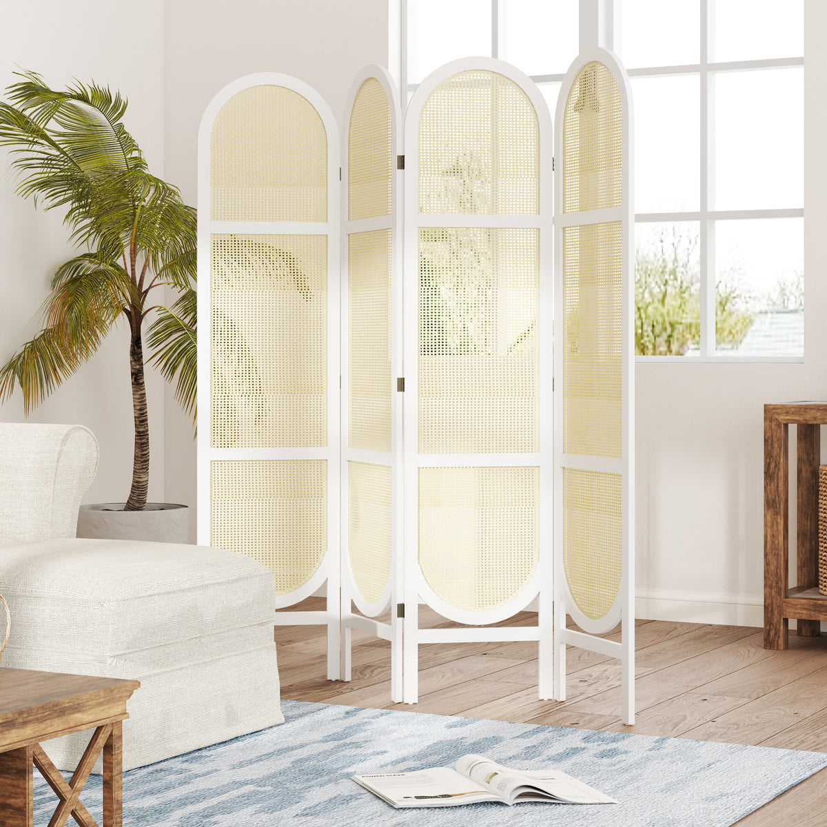 Paravent interieur en bois 4 panneaux 170 x 160 cm pliable et portable, motif tissé à la main, blanc-7