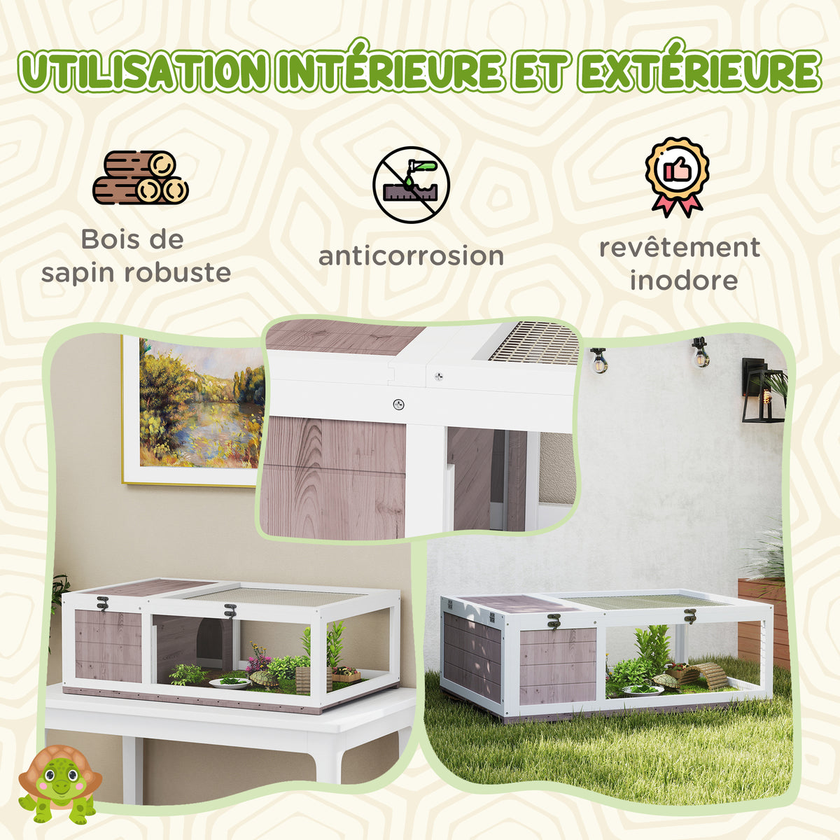 Maison enclos cage habitat pour petit animal tortues avec 2 espaces 91 x 60,5 x 32 cm bois massif marron clair-3