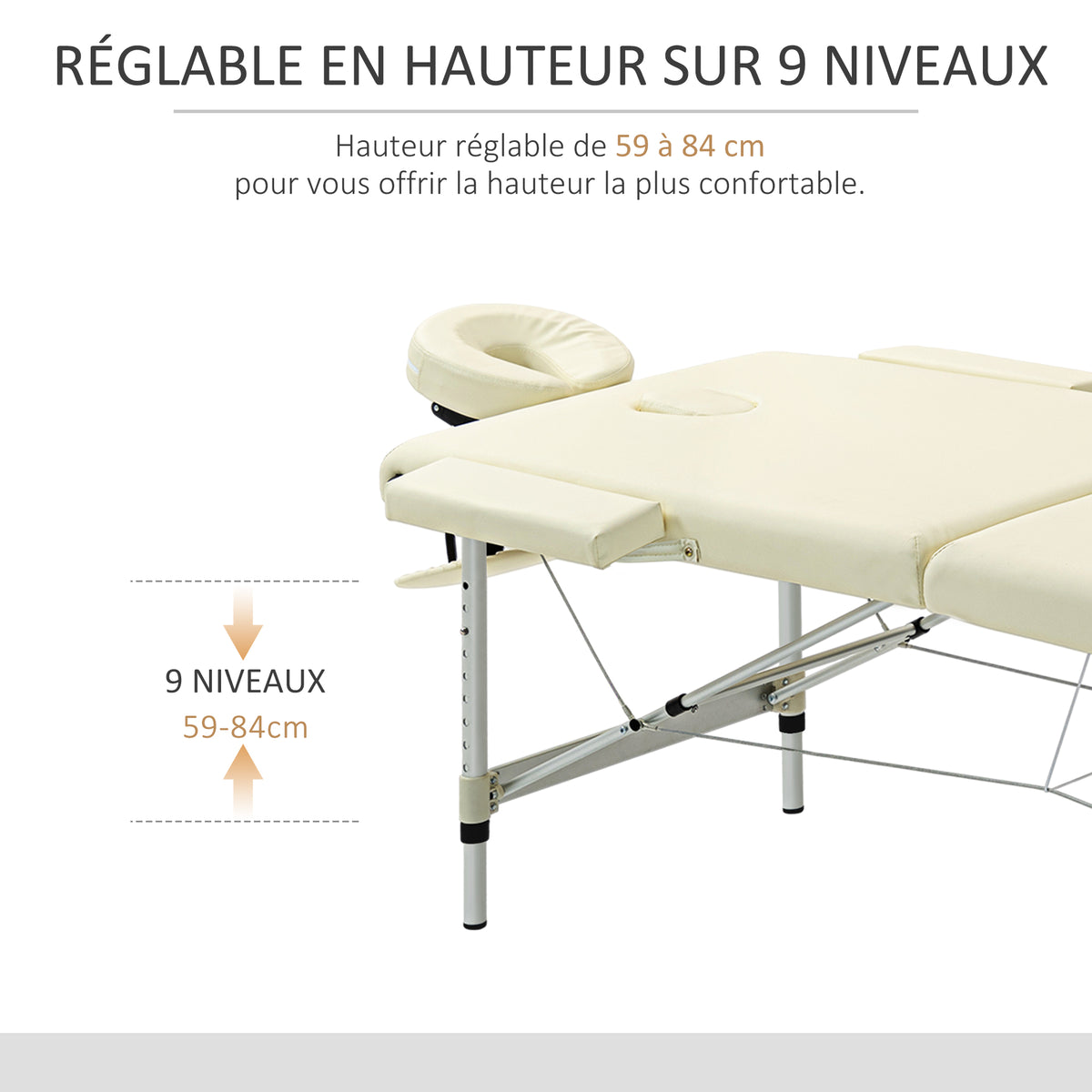 Table de massage pliable portable + housse de transport charge max. 225 Kg hauteur réglable 210 x 90 cm crème-3