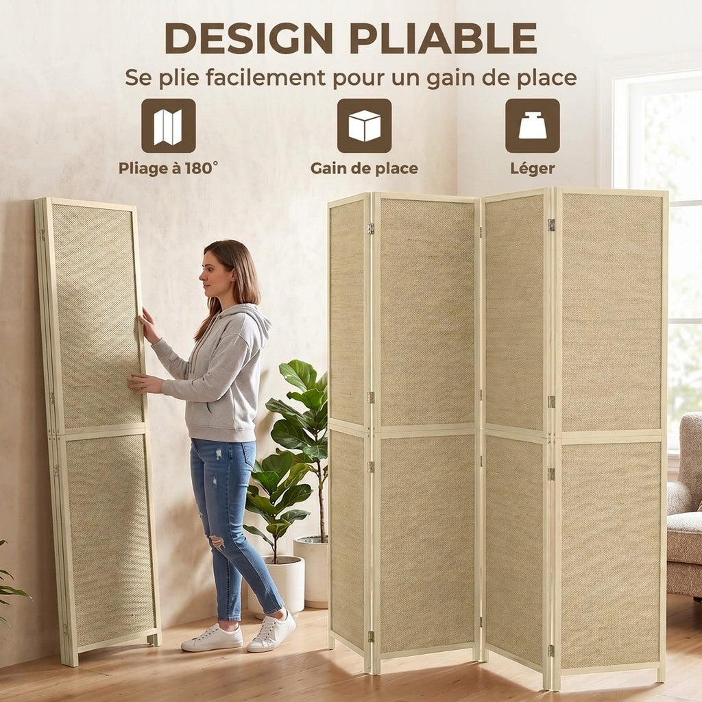Paravent Interieur en Bambou 4 Panneaux 180x180cm, Séparateur de Pièce Pliable et Portable, Style Bohème, Bois Naturel-5