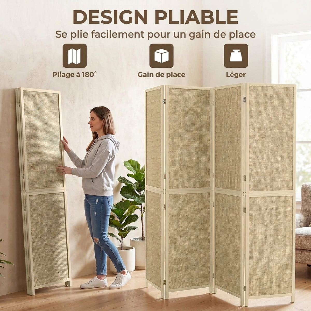 Paravent Interieur en Bambou 4 Panneaux 180x180cm, Séparateur de Pièce Pliable et Portable, Style Bohème, Bois Naturel-5