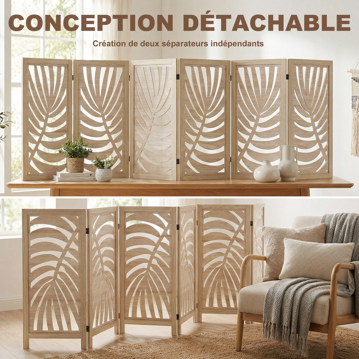 Paravent interieur en bois 6 panneaux 240 x 170 cm, pliable et portable, motif de feuille, design amovible, bois naturel-3