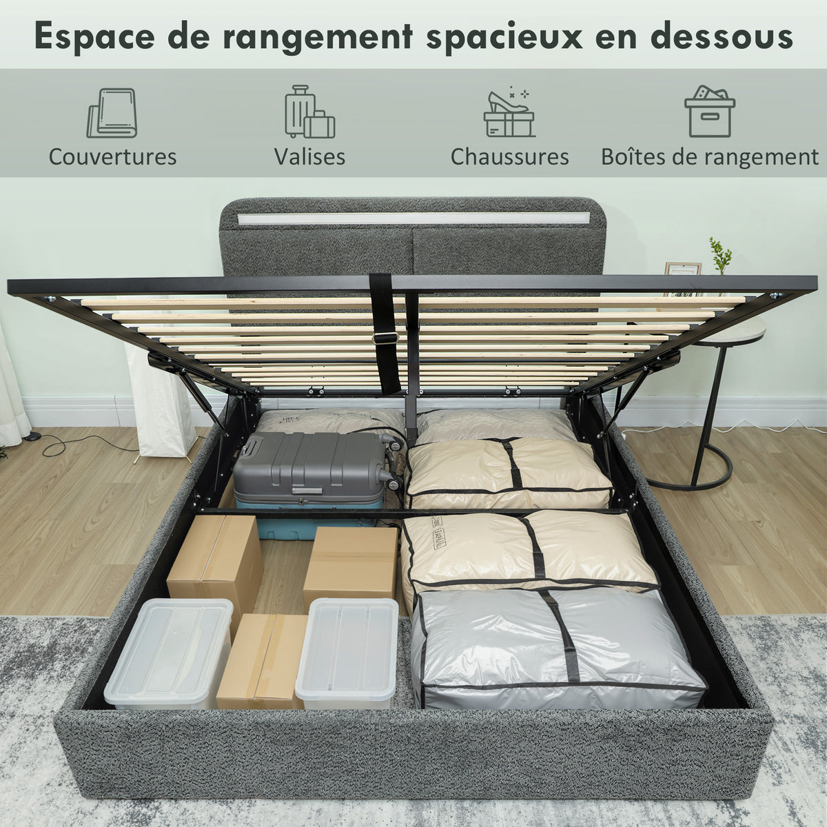 Lit coffre 140 x 190 cm avec éclairage LED, tête de lit réglable, cadre de lit double, sommier à lattes en bois, gris-3