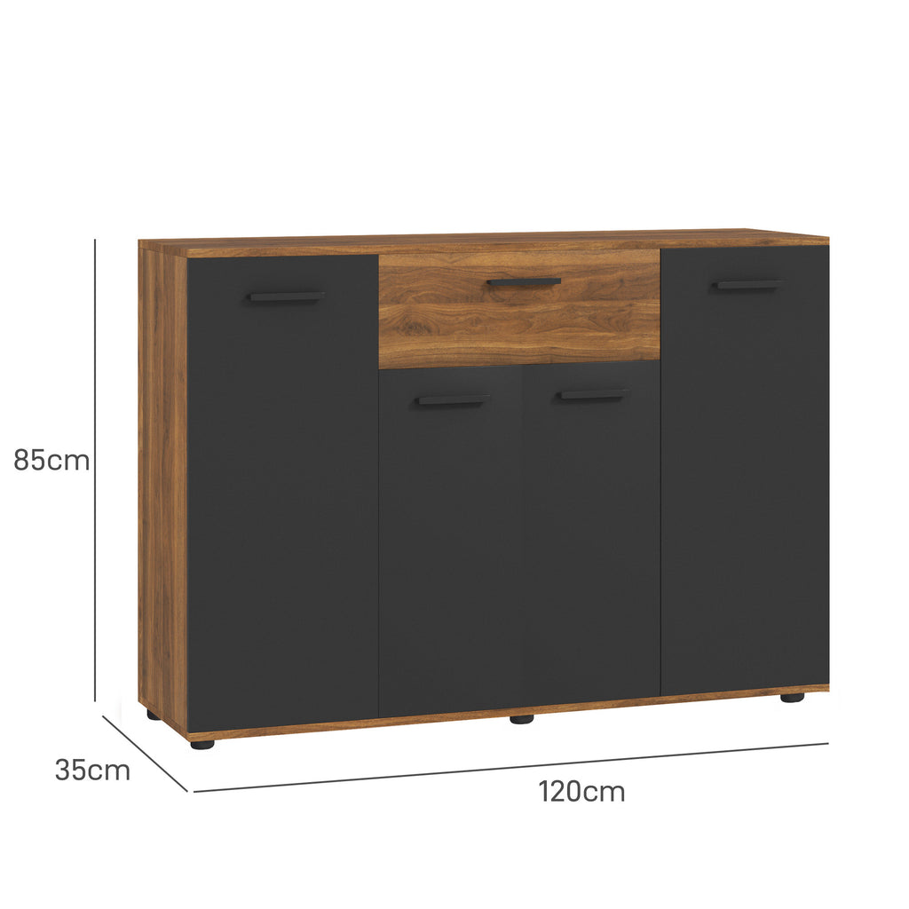 Buffet salon meuble de rangement avec 4 placards, tiroirs et étagères réglables, dim. 120 x 35 x 85 cm, marron et noir-2