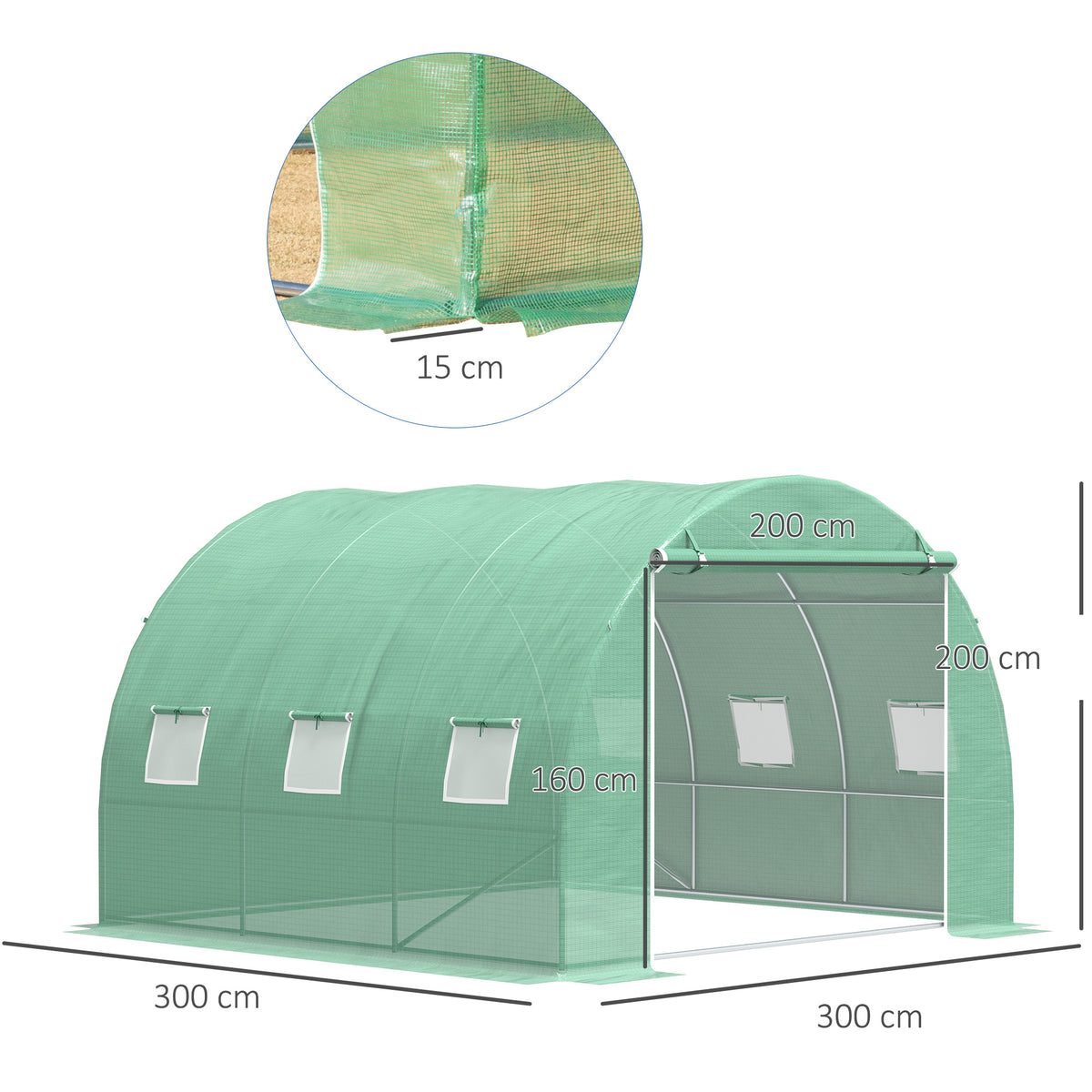 Serre de jardin 9 m² serre tunnel de jardin 3 x 3 x 2 m avec porte enroulable et 6 fenêtres en maille en acier PE vert-2