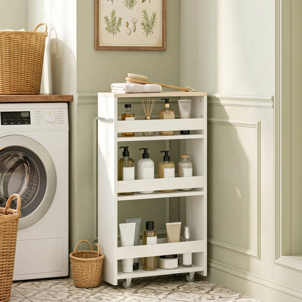 Chariot de rangement à 3 niveaux chariot de stockage étagère sur roulettes pour cuisine étroite salle de bain buanderie bureau avec poignée - 48 x 15 x 80 cm blanc-1