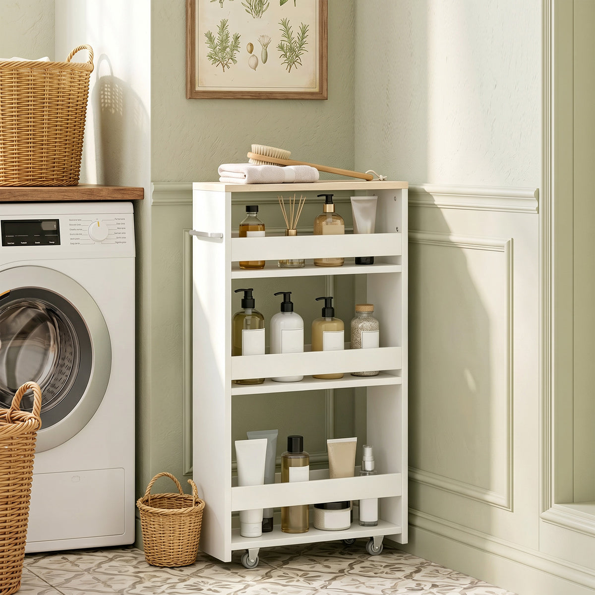 Chariot de rangement à 3 niveaux chariot de stockage étagère sur roulettes pour cuisine étroite salle de bain buanderie bureau avec poignée - 48 x 15 x 80 cm blanc-1
