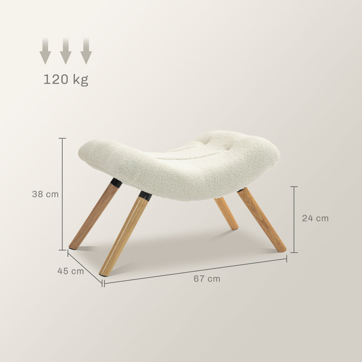 Repose pied salon ottoman pouf salon tabouret de canapé en tissu avec pieds en bois d'hévéa, siège rembourré, crème-2