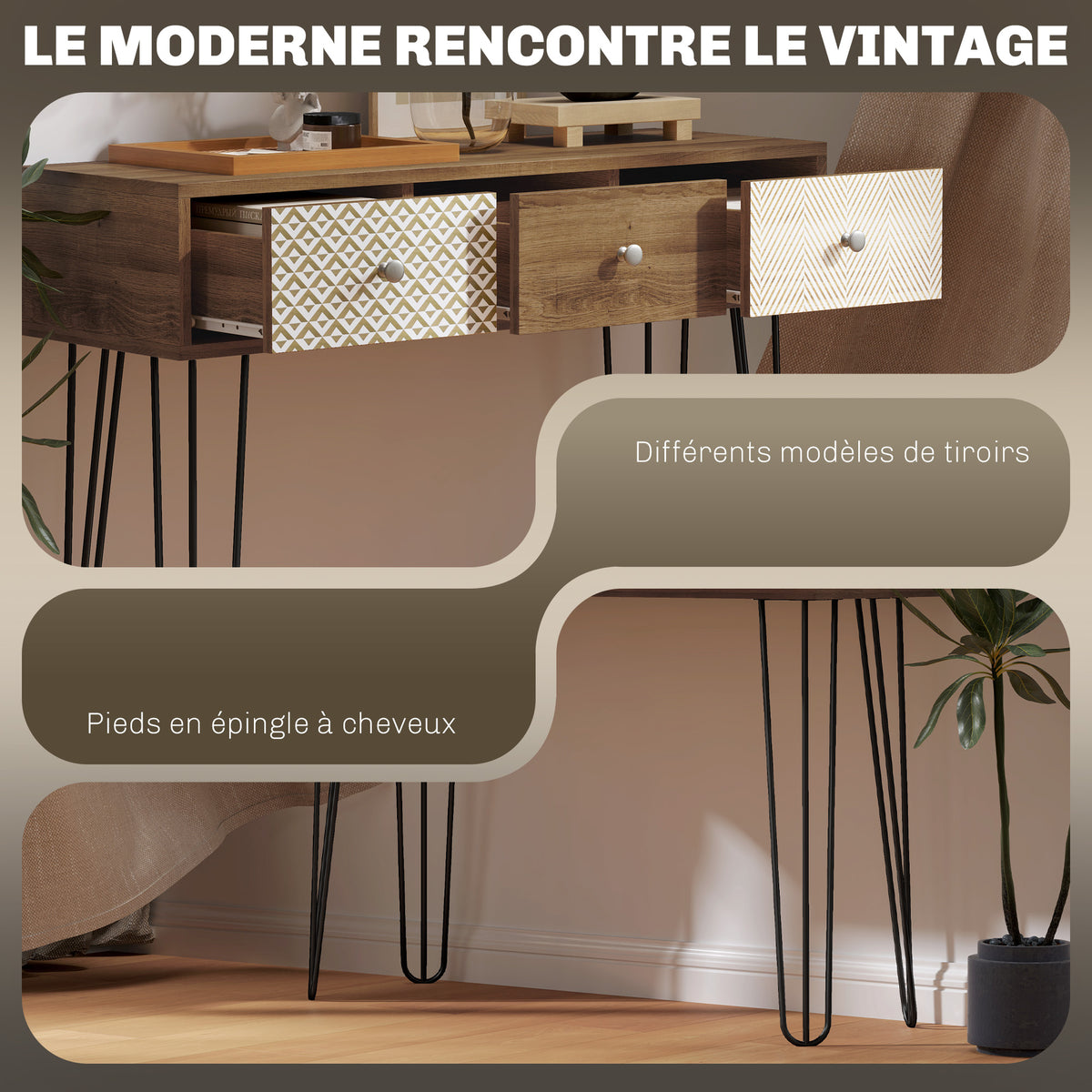 Table console avec 3 tiroirs, table d'entrée étroite avec pieds en épingle à cheveux en acier, 90 x 30 x 75 cm, marron-5