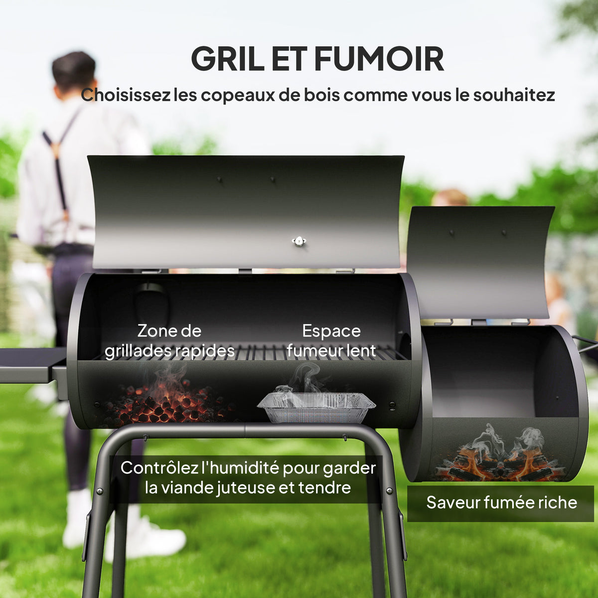 Barbecue à Charbon fumoir BBQ Grill Smoker sur Pied avec Couvercle, roulettes, thermomètre, étagères Noir-3