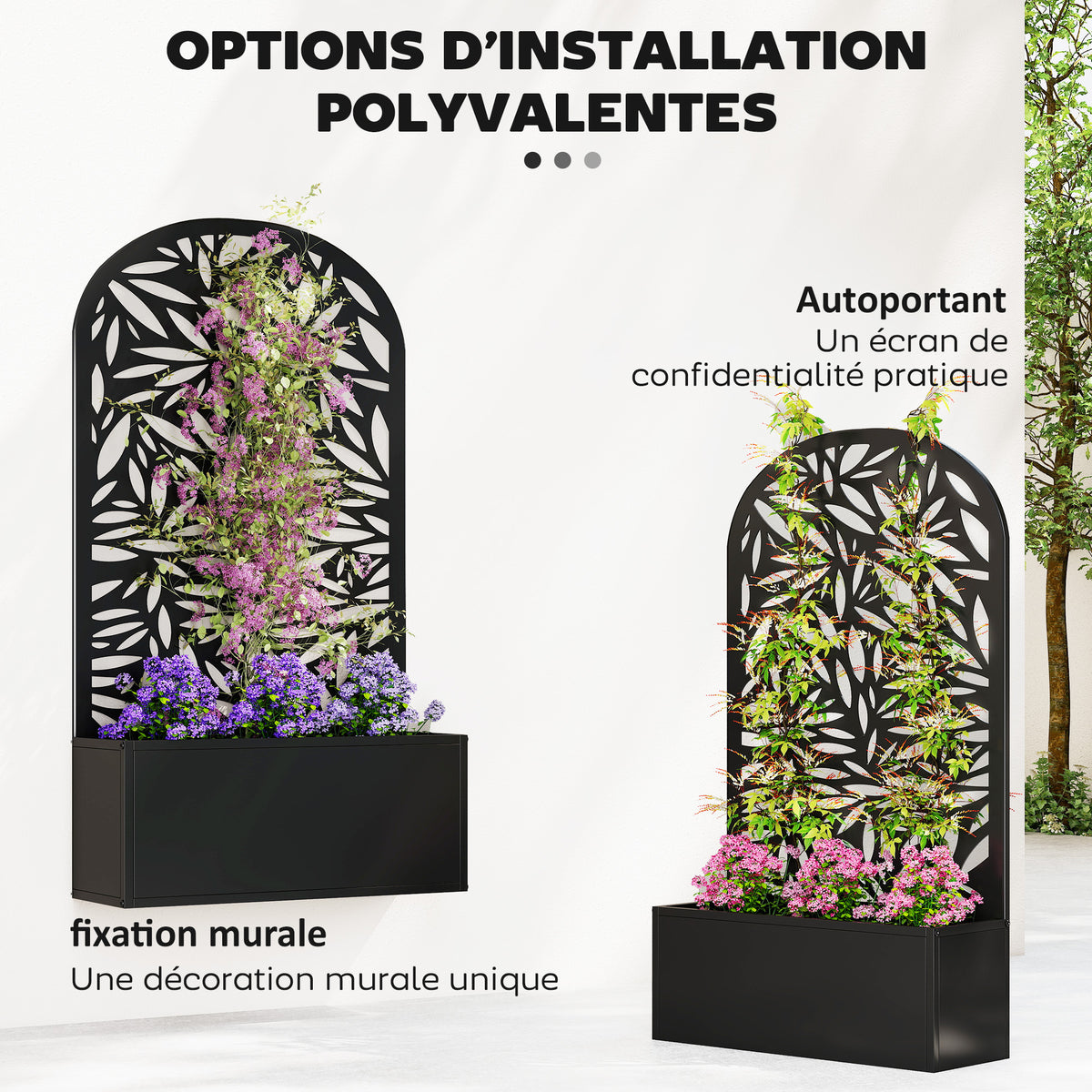 Jardinière avec treillis, bac à fleurs en métal, à fixer au mur ou au sol, 61x23x113cm, noir-4