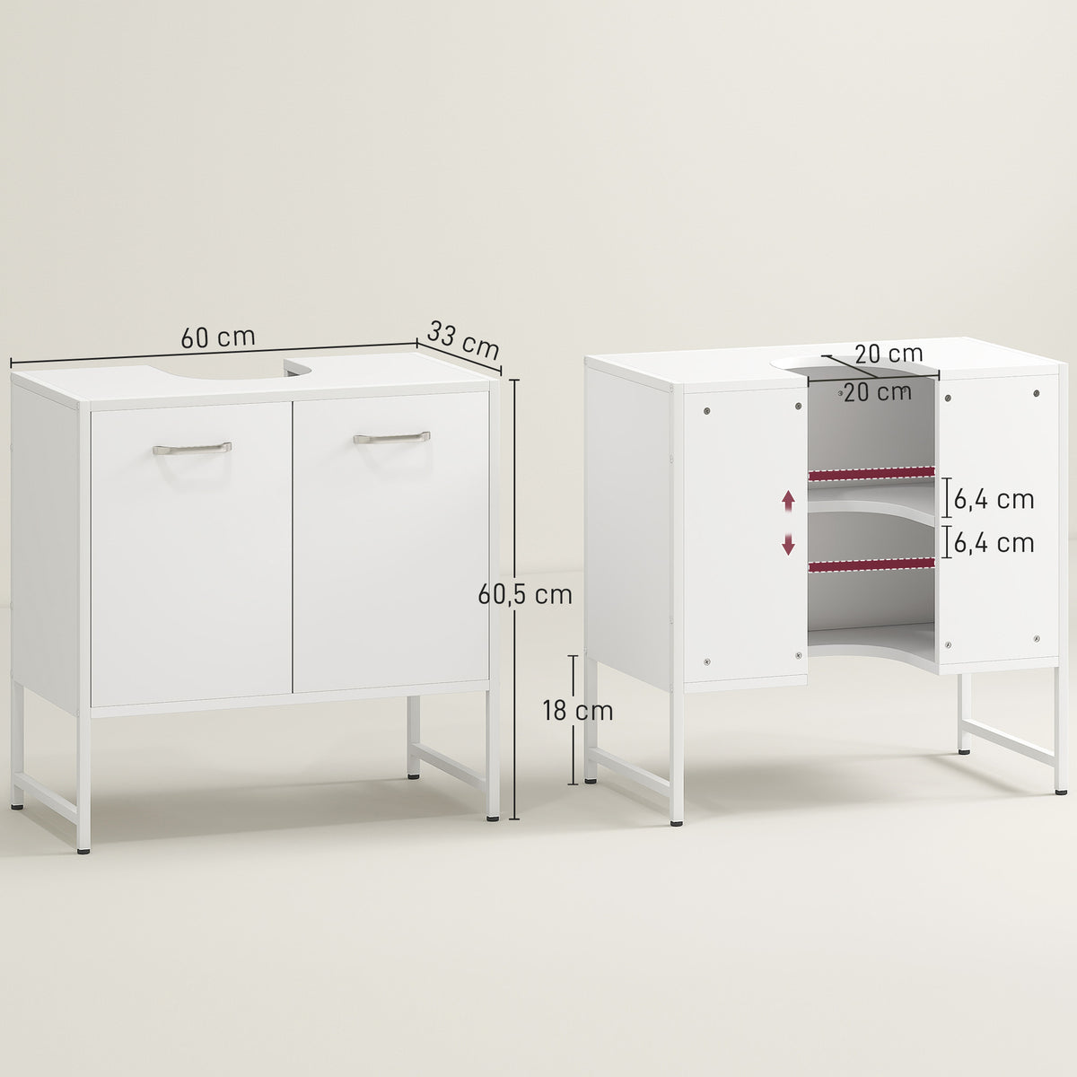 Meuble sous lavabo, meuble de salle de bain avec 2 portes à fermeture douce et étagère réglable, blanc-2