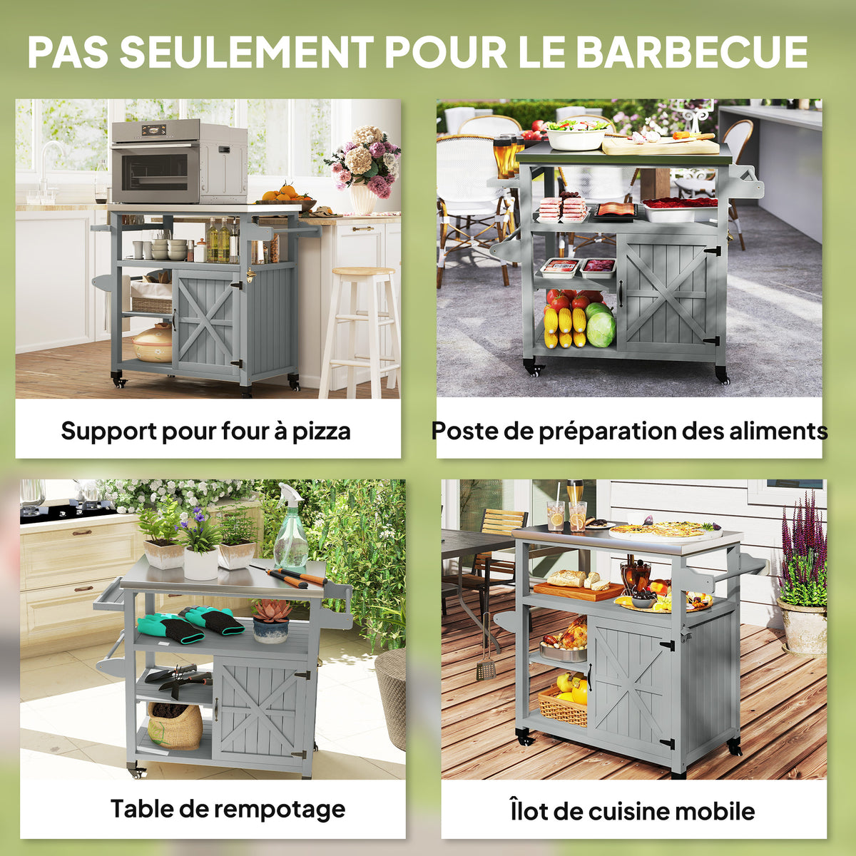 Desserte jardin chariot de barbecue sur roulettes avec plateau en acier inoxydable 107x49,5x92,5cm gris-7