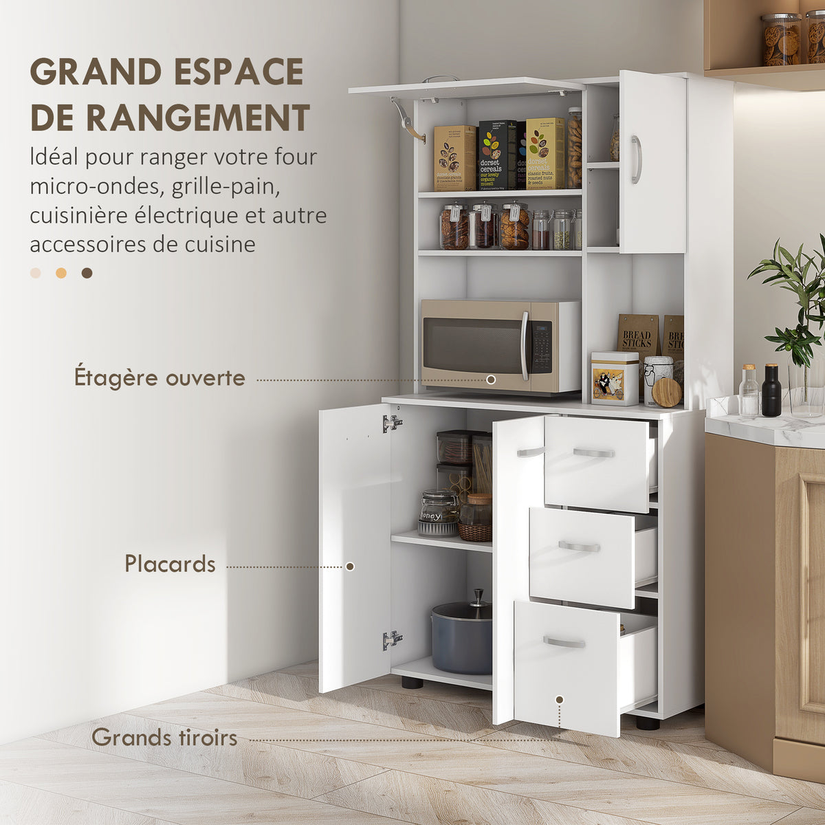 Armoire de cuisine multi-rangements 4 portes 3 tiroirs étagère + grand plateau 89L x 39,5l x 168H cm blanc-3