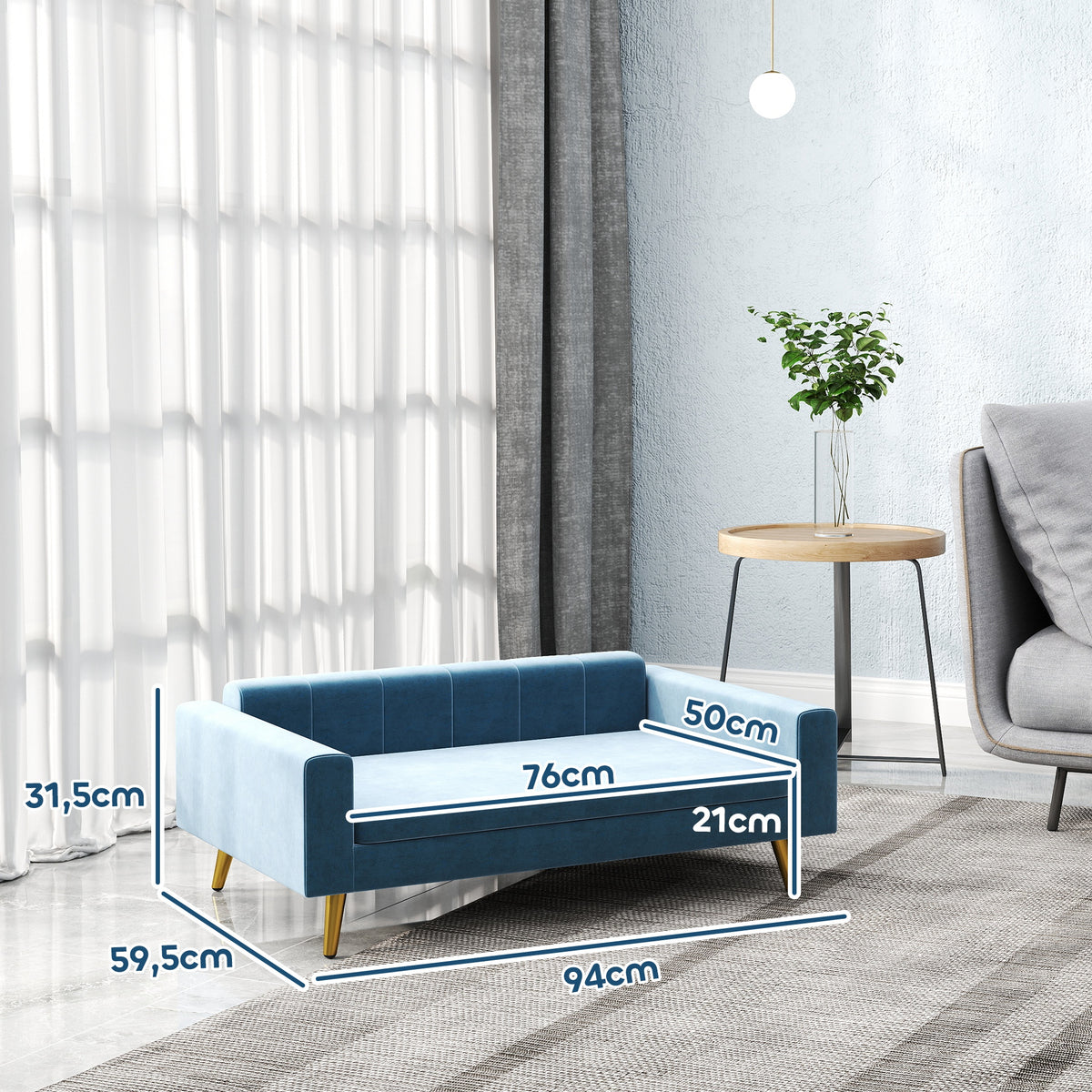 Canapé chien lit pour chien design scandinave coussin moelleux pieds métal doré 94 x 59,5 x 31,5 cm velours soyeux bleu-2