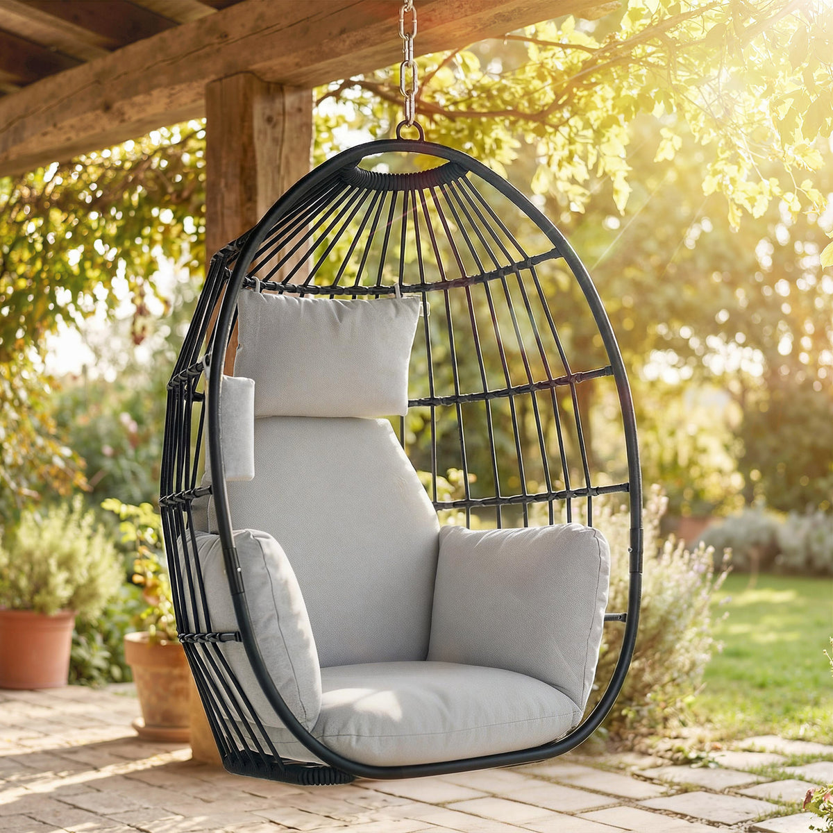 Fauteuil suspendu, fauteuil œuf suspendu, panier pliable, coussins rembourrés, porte-gobelet, oreiller, gris foncé-1