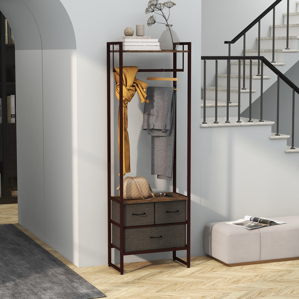 Portant à vêtements avec 3 tiroirs en tissu, étagères de rangement et tringle de suspension, 58,5 x 30 x 178 cm, marron-1