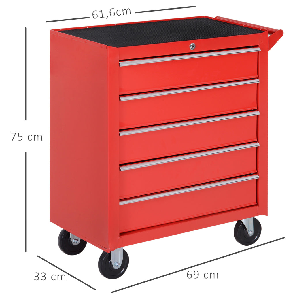 Chariot à outils sur roulettes pour atelier avec 5 tiroirs verrouillable 2 clés acier 69 x 33 x 75 cm rouge-2
