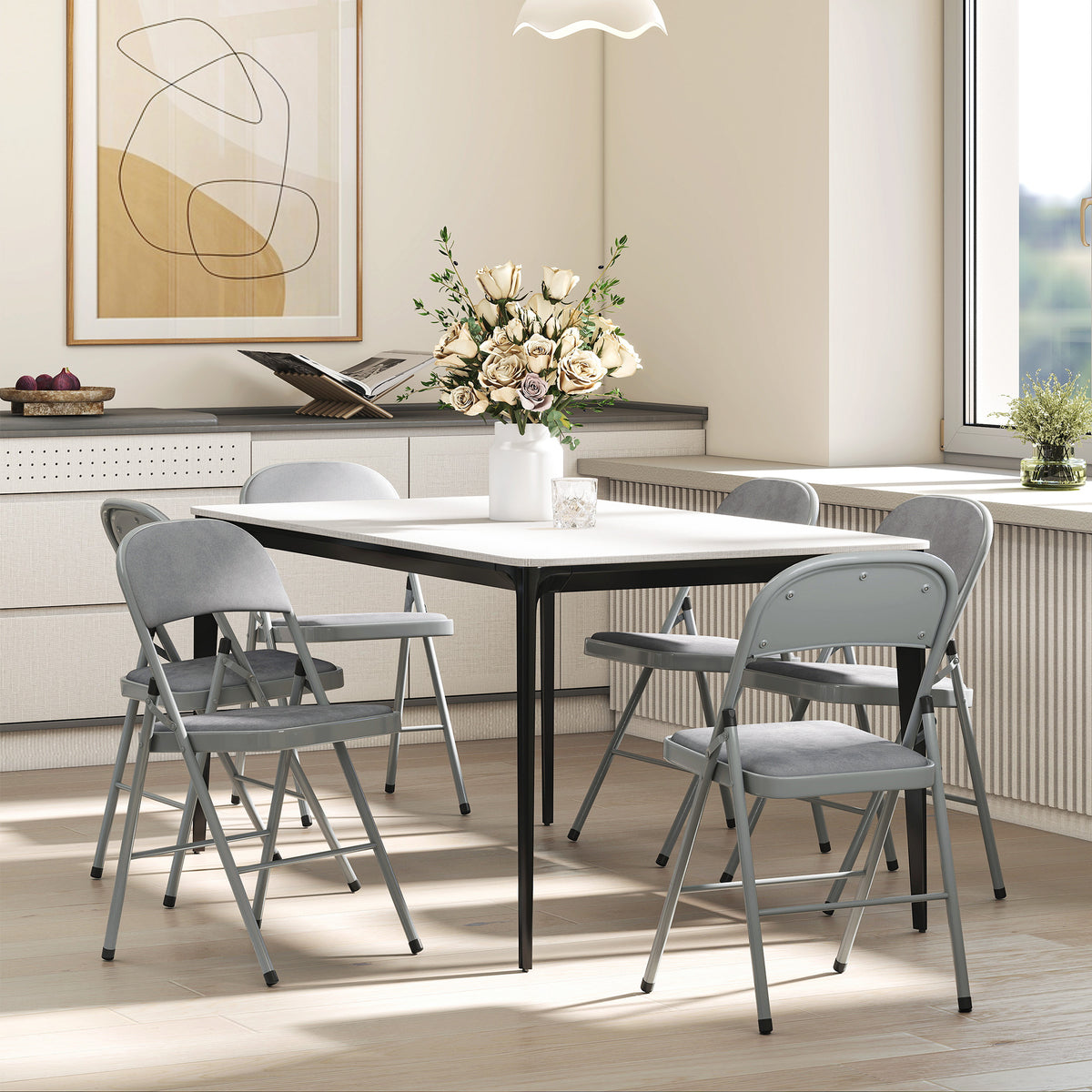 Lot de 4 chaises pliantes et portables intérieur avec assises et dossiers rembourrés en velours, cadre en acier, gris clair-8