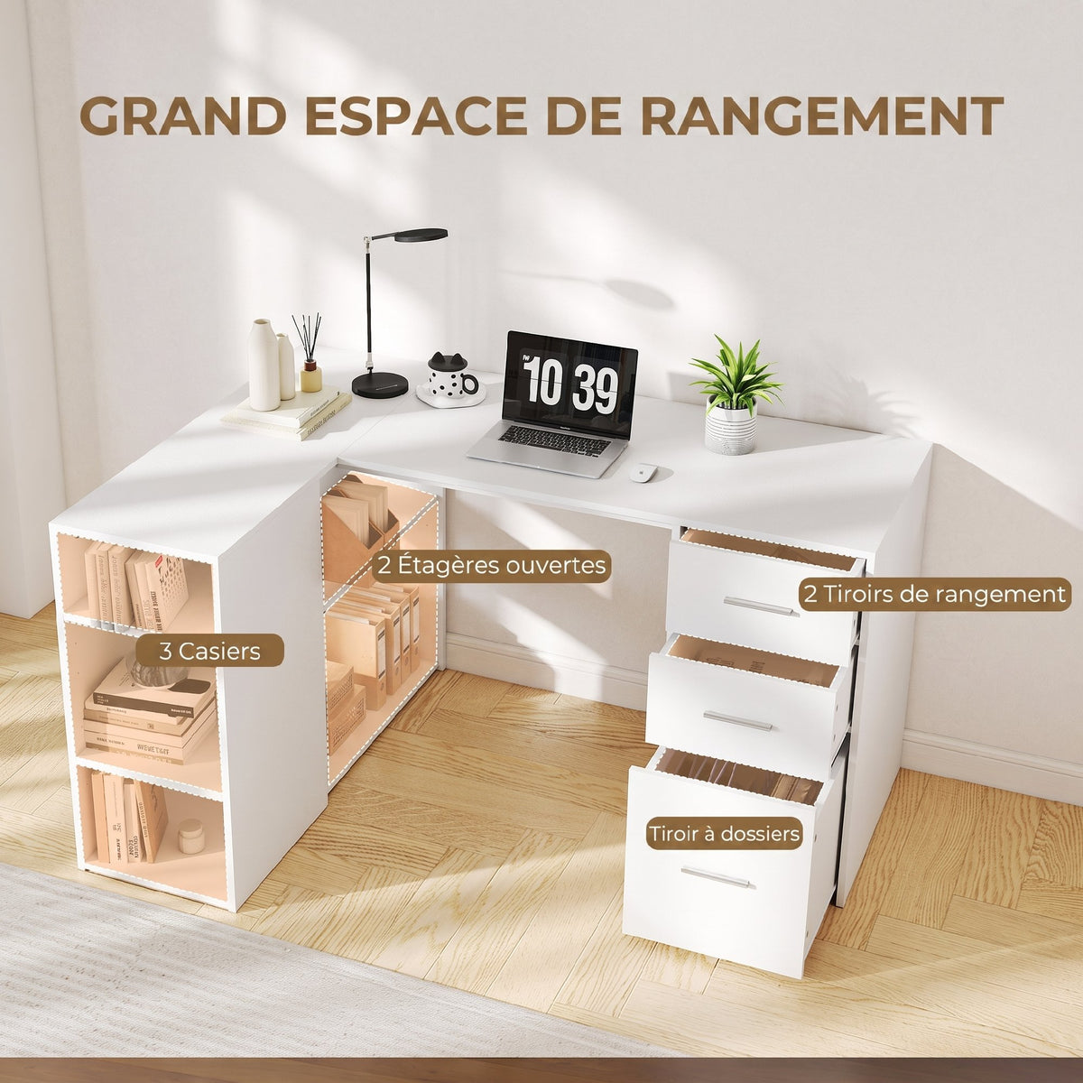 Bureau d'Angle, Bureau Informatique en L, 3 Tiroirs, 5 Compartiments Ouverts, Étagères Réglables, 140x100x75cm, Blanc-3