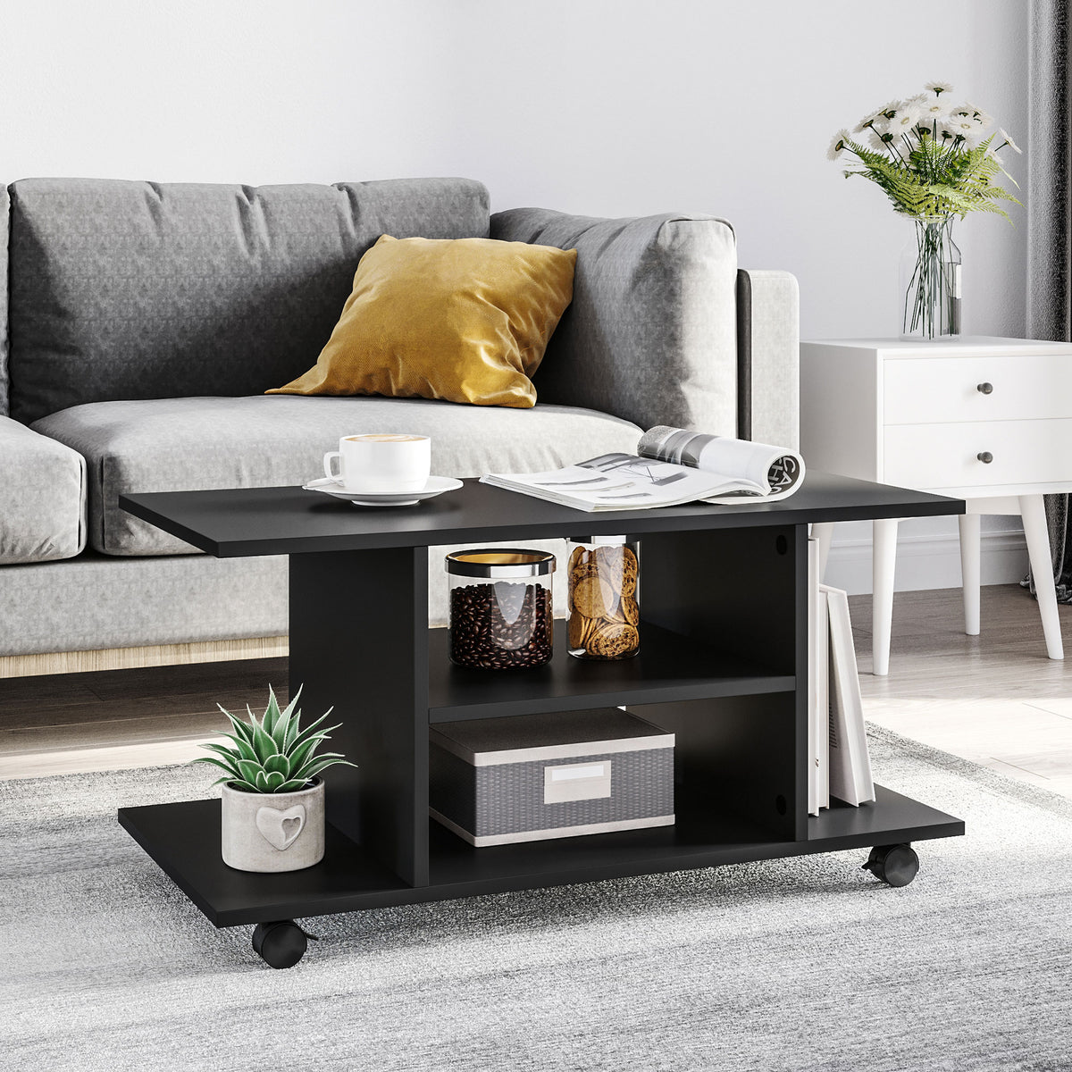 Meuble TV avec Roulettes 80 cm, Meuble Télé pour Téléviseur jusqu'à 42 Pouces avec Étagères Ouvertes, Style Moderne, Banc TV pour Salon, Chambre, Noir-6