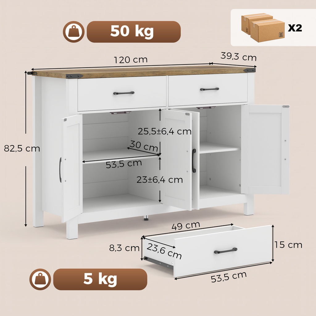 Buffet meuble de rangement style rural 2 tiroirs et 2 placards avec étagères réglables, 120 x 39,3 x 82,5 cm, blanc-2