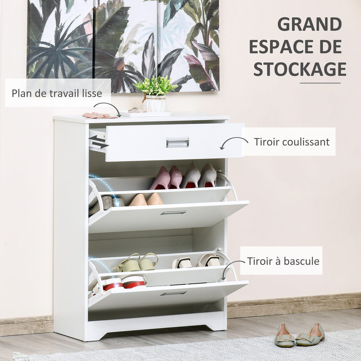 Meuble à chaussures avec 2 tiroirs rabattables étagère réglable + 1 tiroir  jusqu'à 16 paires 70L x 29l x 92H Blanc-3