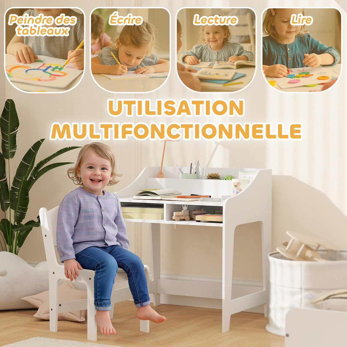 Ensemble bureau et chaise pour enfant 3 à 8 ans avec compartiments et étagères ouverts, blanc-3