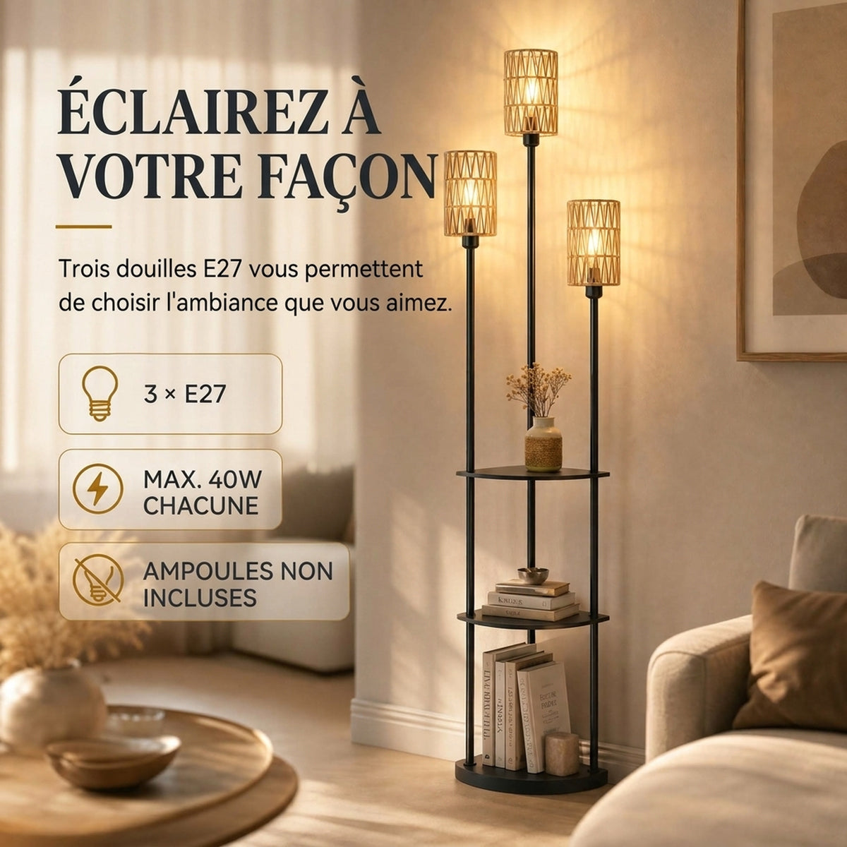 Lampadaire interrupteur pied Lampe sur Pied 3 étagères Noir-6