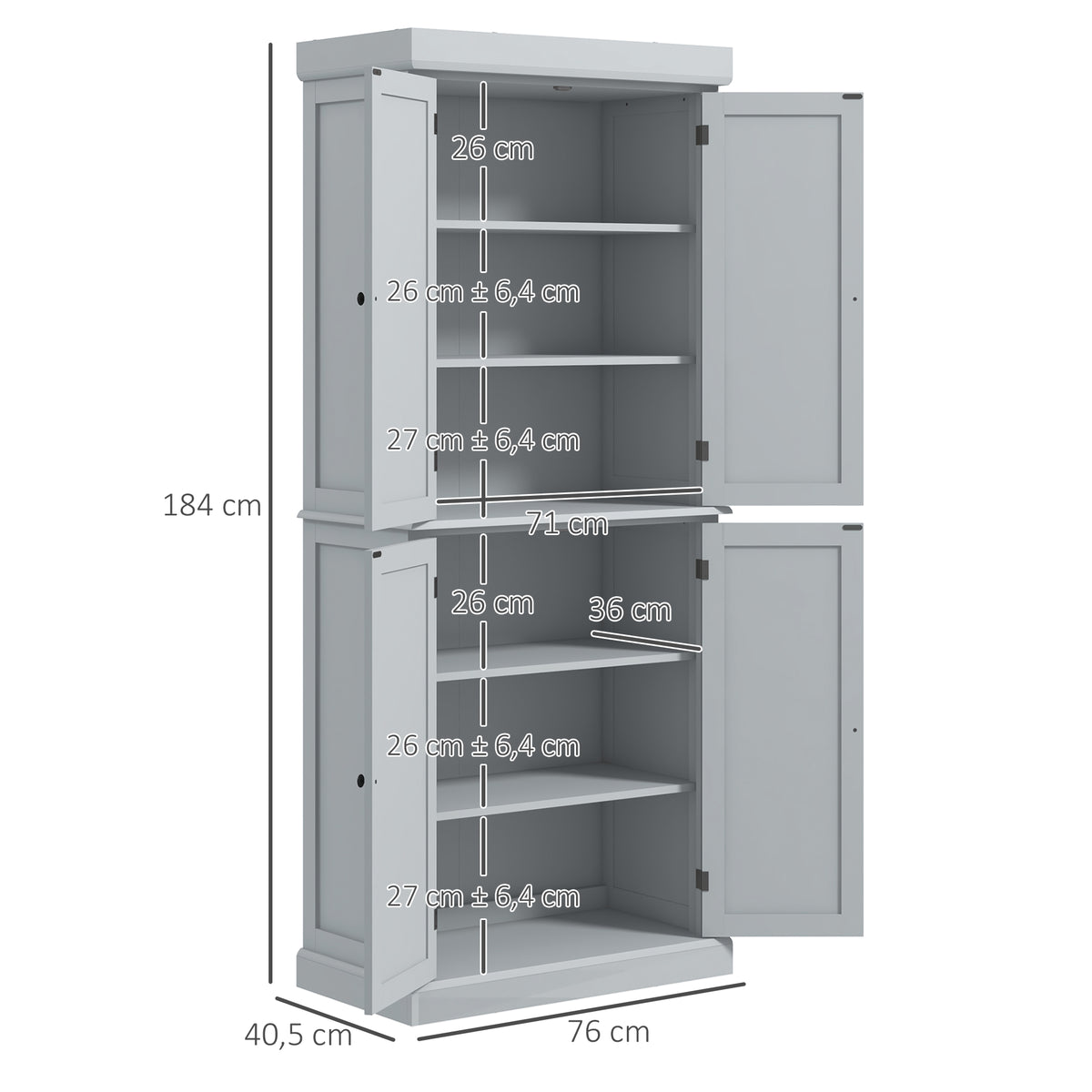 Armoire de cuisine buffet cuisine style moderne avec placards, étagères réglables, 76 x 40,5 x 184 cm, gris-2