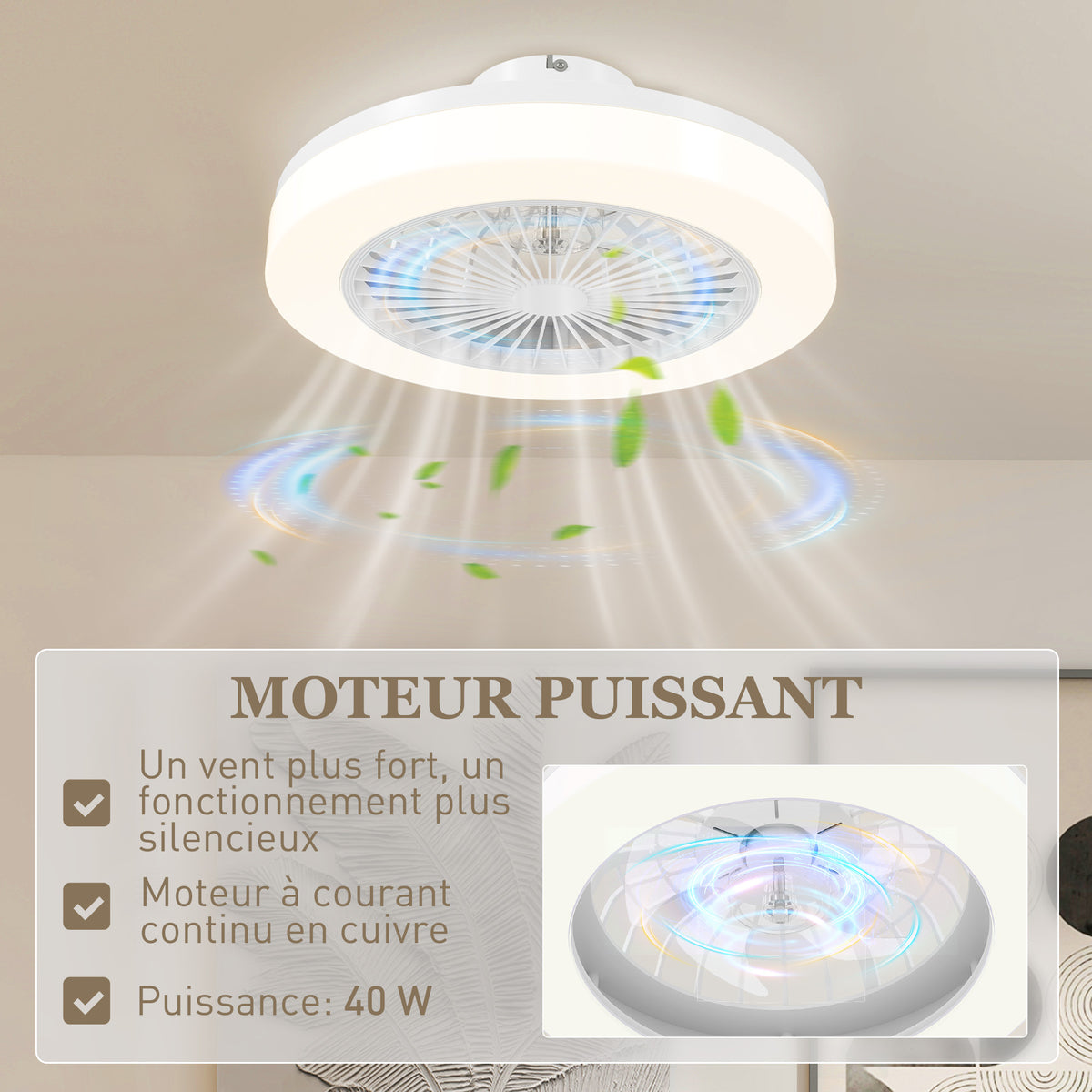 Ventilateur de plafond avec lumière et télécommande 6 vitesses, minuterie, luminosité réglable, blanc-5