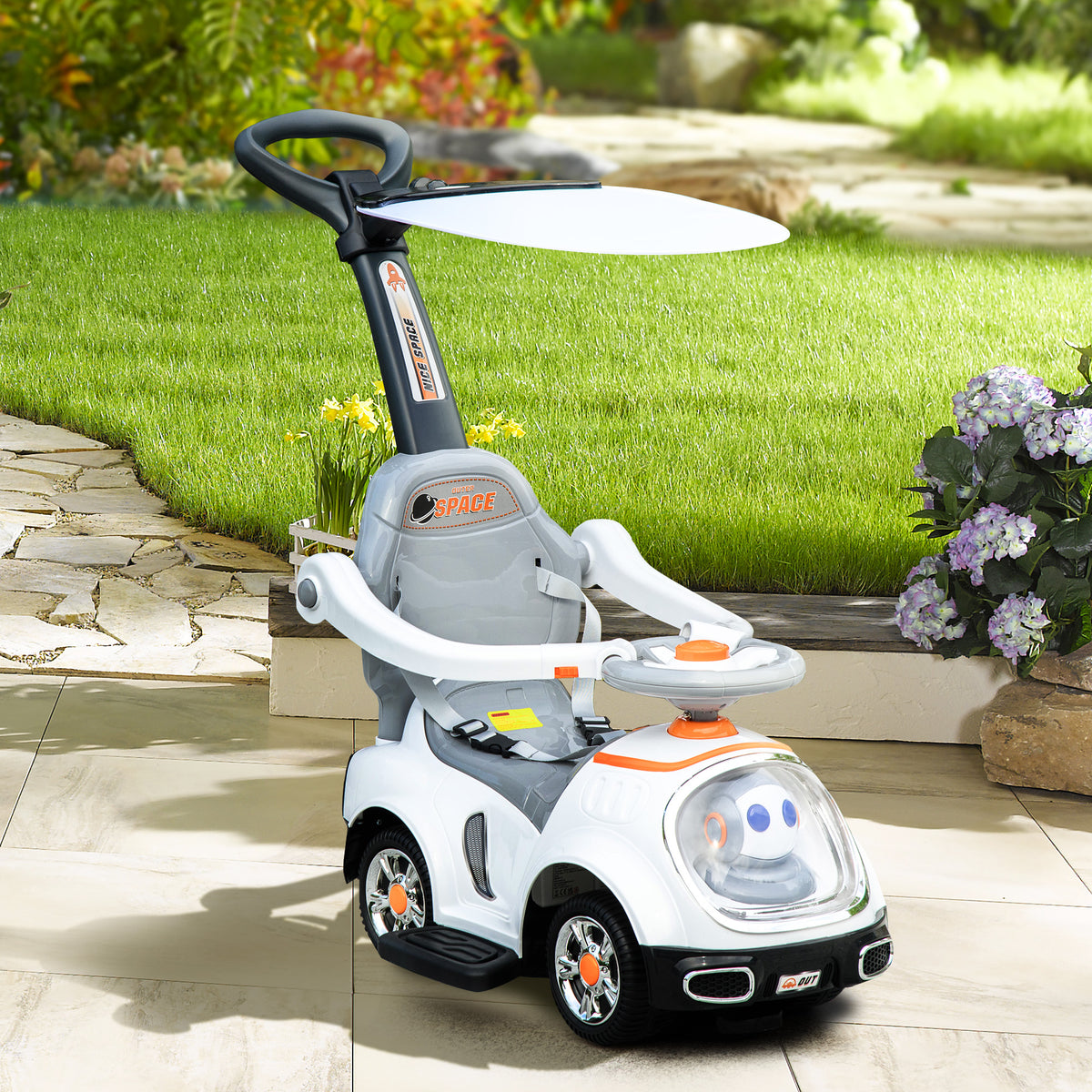 Porteur enfants, porteur bébé voiture à pousser 3 en 1 avec robot thème, pédales, poignée parentale, blanc-9