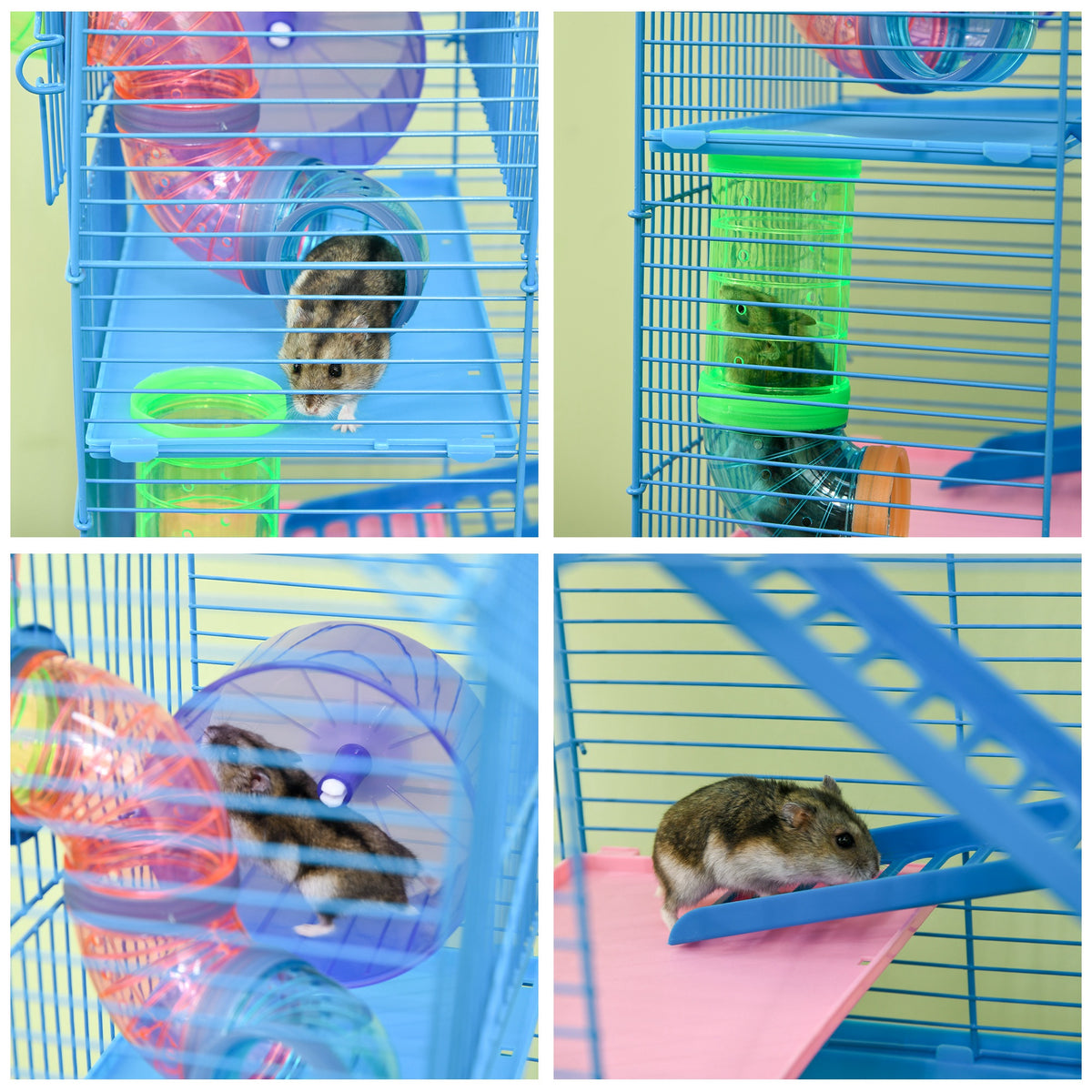 Cage pour Hamster Souris Petit Animaux Rongeur avec Tunnel Mangeoire Roue Jouet 47 x 30 x 59 cm Bleu-7