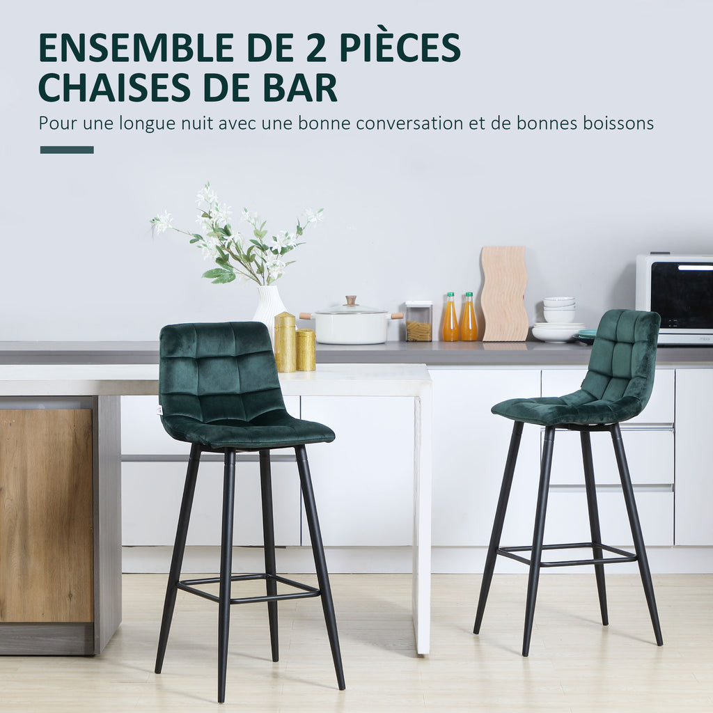 Lot de 2 tabourets de bar design surface en velours capitonné et pieds en acier hauteur 77 cm vert foncé-3