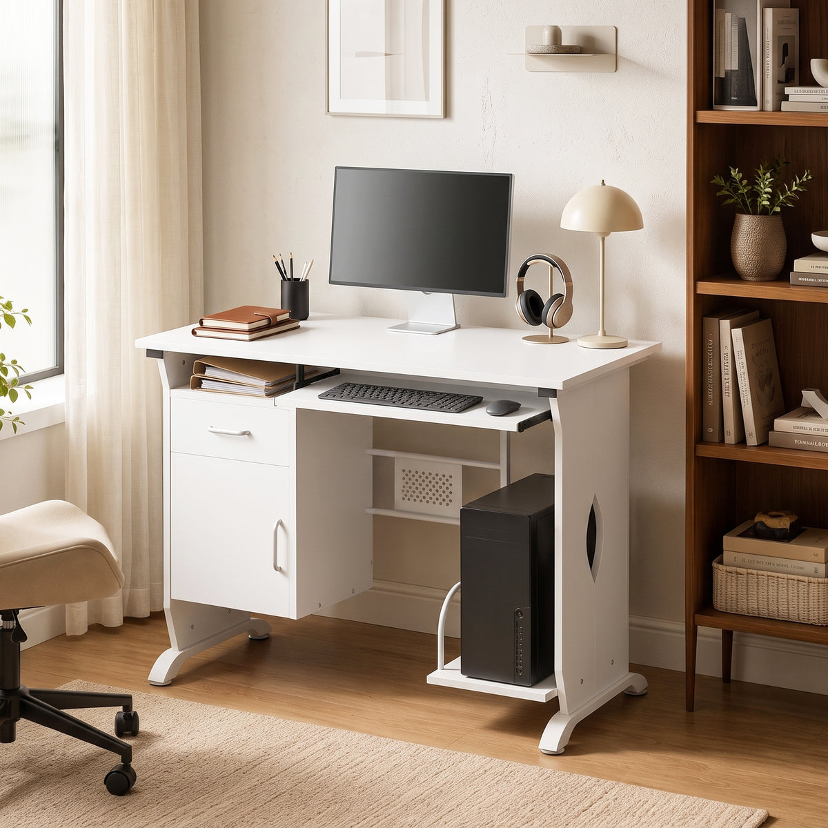 Bureau d'ordinateur, 100 x 52 x 75 cm, tablette coulissante pour clavier, tiroirs et support d'unité centrale, blanc-6