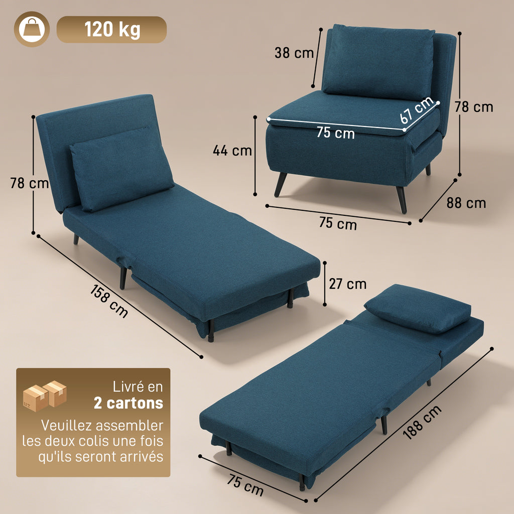 Fauteuil Convertible 1 Place, Fauteuil-Lit Clic-Clac 3 en 1 avec Dossier Réglable, Oreiller, Assise Large, Bleu-2
