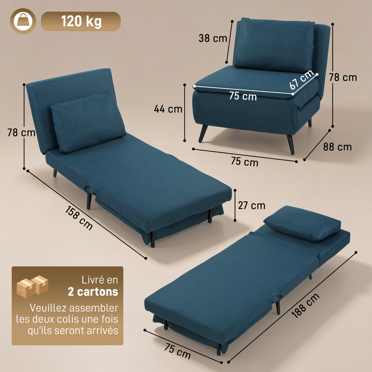 Fauteuil Convertible 1 Place, Fauteuil-Lit Clic-Clac 3 en 1 avec Dossier Réglable, Oreiller, Assise Large, Bleu-2