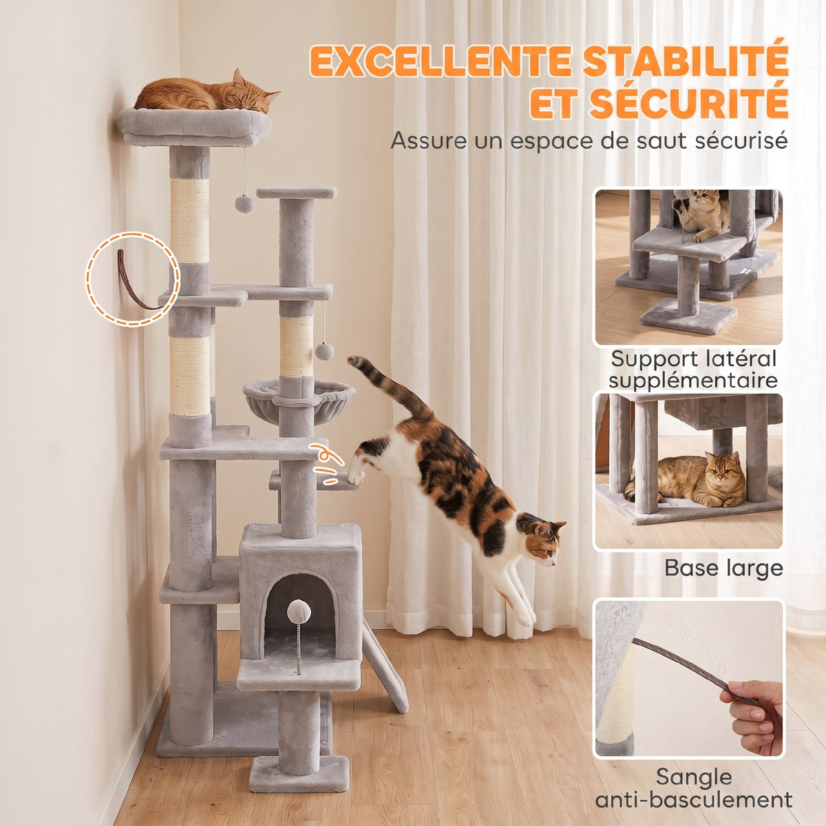 Arbre à Chat 5 niveaux 152cm, Niche, Hamac, Plateforme, Poteaux à Griffer, Balles Suspendues, Gris Clair-4
