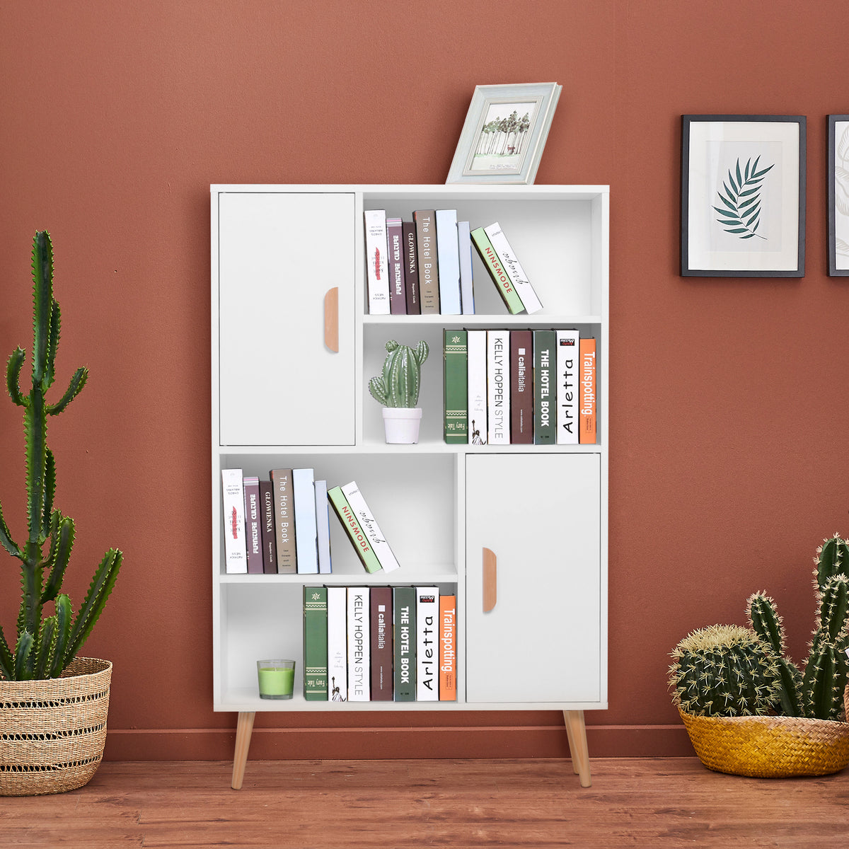 Bibliothèque scandinave 4 niches + 2 placards avec étagère dim. 80L x 24l x 123H cm Pieds effilés inclinés Bois Massif Panneaux Particules Blanc-7