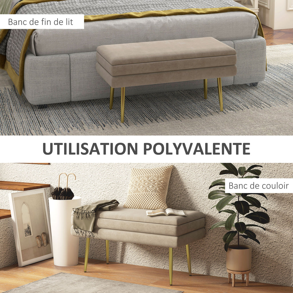 Banc banquette coffre de rangement 2 en 1 assise aspect velours et pieds acier - 79,5L x 37,5P x 43H cm beige et doré-5