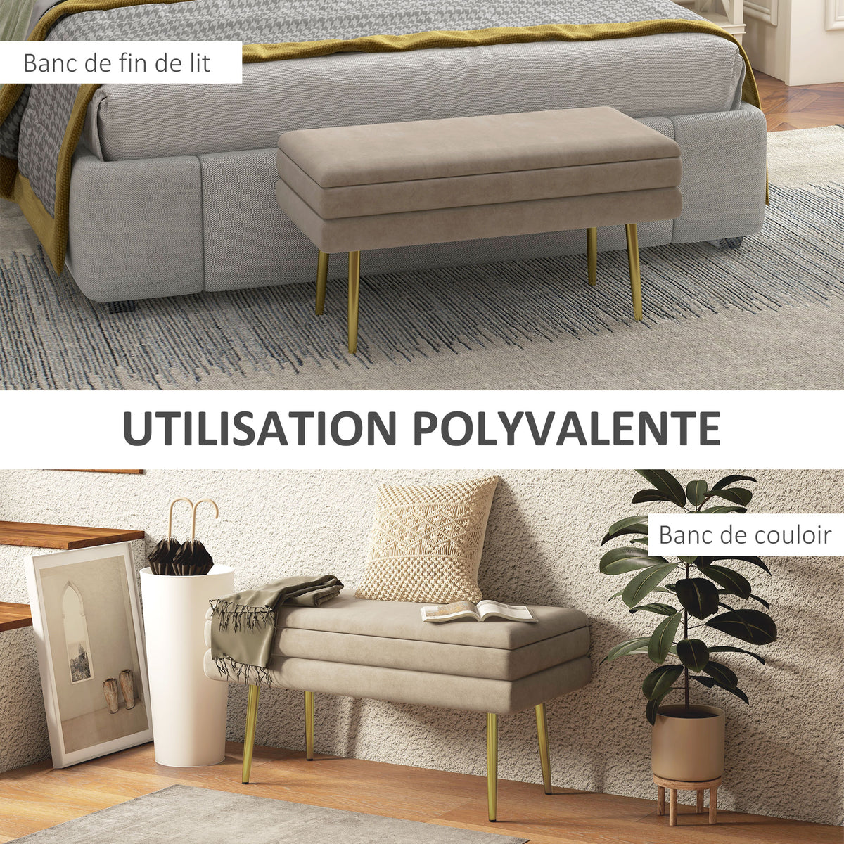 Banc banquette coffre de rangement 2 en 1 assise aspect velours et pieds acier - 79,5L x 37,5P x 43H cm beige et doré-5