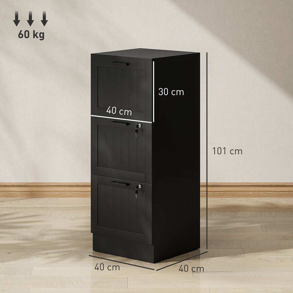 Caisson bureau, meuble rangement bois 3 tiroirs et serrure, barres de suspension réglables, 40 x 40 x 101 cm, noir-2