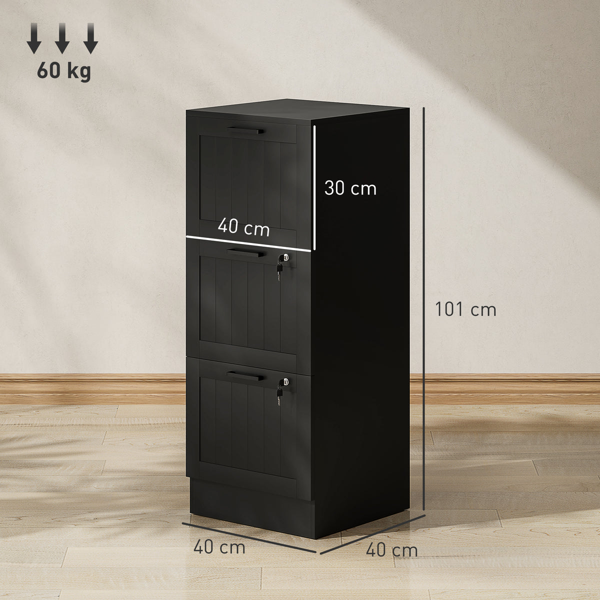 Caisson bureau, meuble rangement bois 3 tiroirs et serrure, barres de suspension réglables, 40 x 40 x 101 cm, noir-2