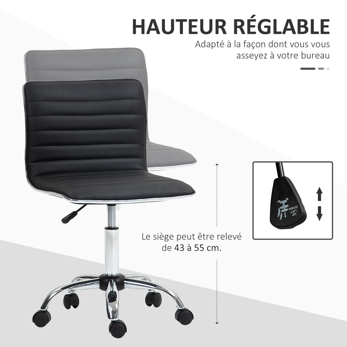 Chaise bureau fauteuil de bureau à roulettes pivotante hauteur réglable siège rembourrée 48 x 52 x 78-90 cm noir-3
