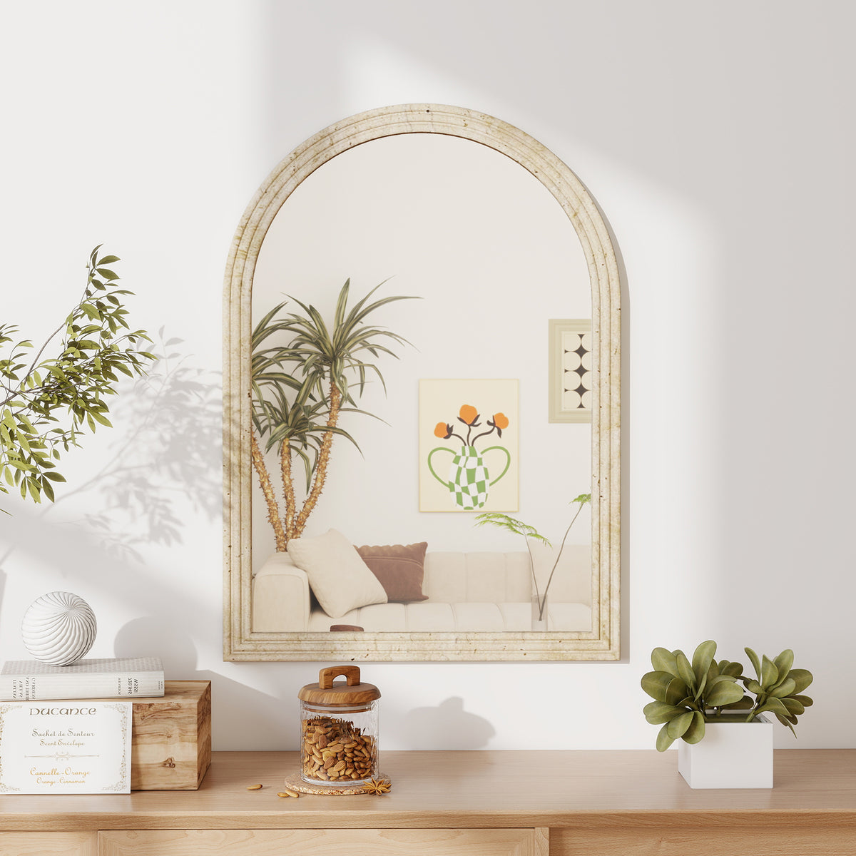 Miroir mural arqué, miroir moderne avec bord rainuré et crochets, verre trempé et polystyrène, 50 x 70 cm, beige-9