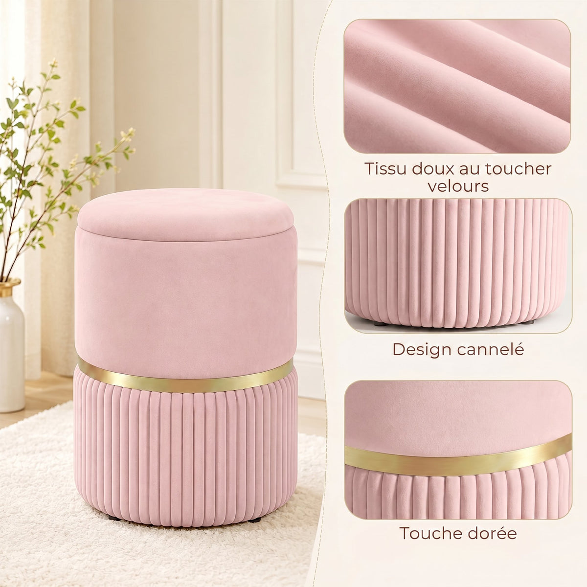 Pouf tabouret repose-pied coffre de rangement en velours côtelé 36 x 36 x 44 cm pour salon chambre rose-4
