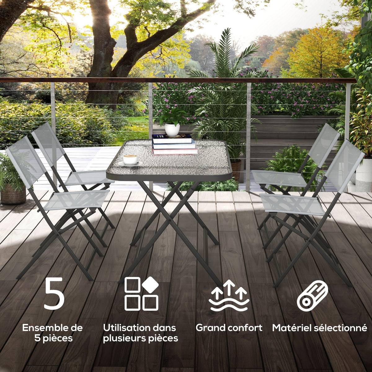 Ensemble de jardin 4 chaises + 1 table salon de jardin 5 pièces pilables chaises textilènes plateau en verre trempé gris-3