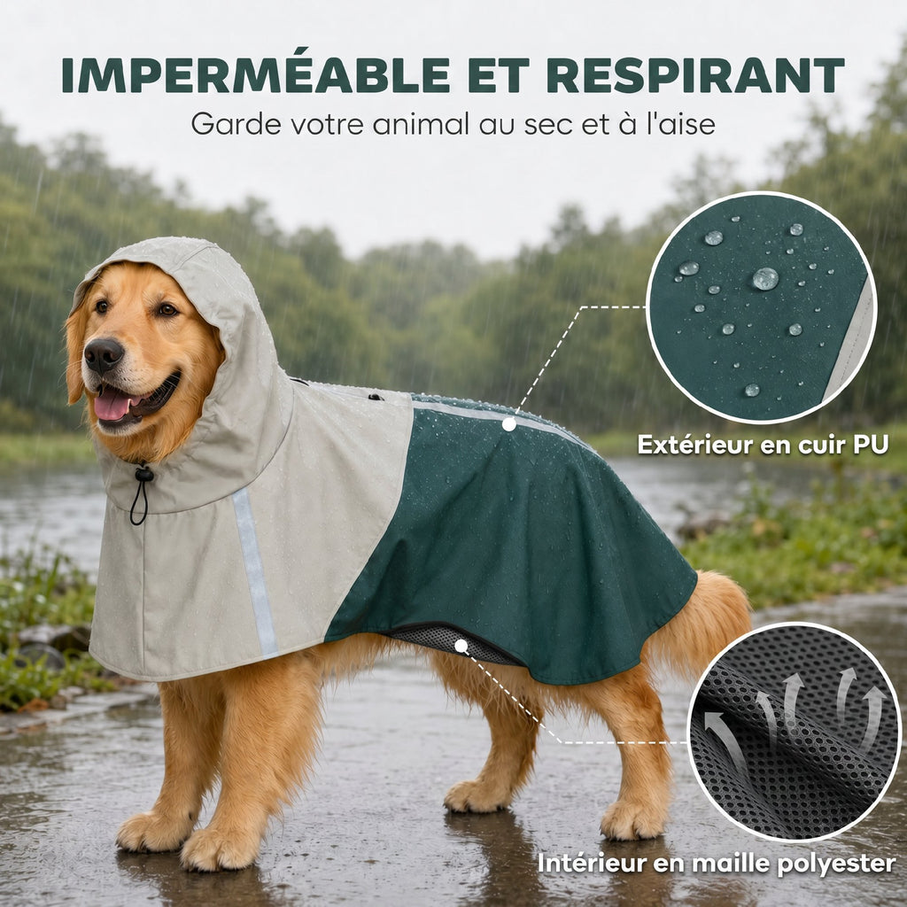 Imperméable pour Chien avec Capuche, Bandes Réfléchissantes, Ouverture pour Laisse, 110x72x0,5cm, Vert-3