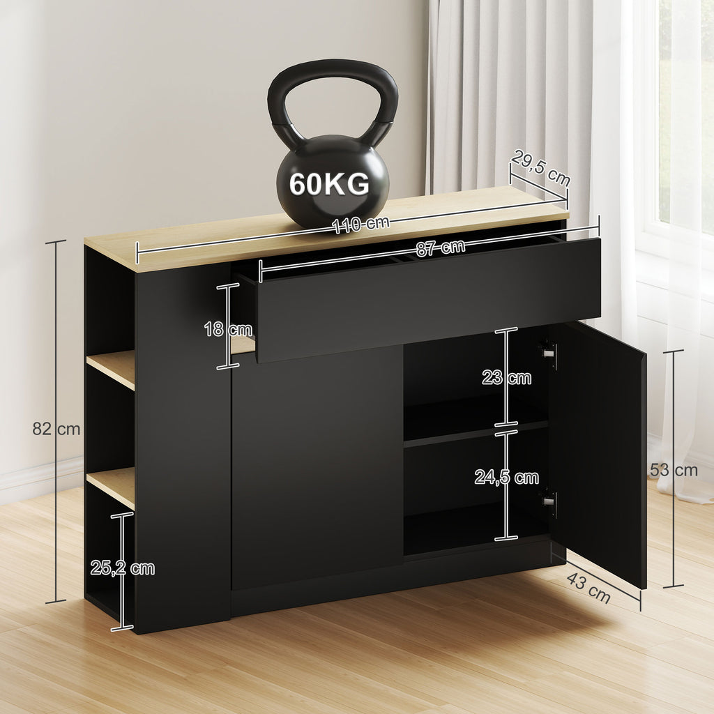 Buffet meuble de rangement avec 2 tiroirs 3 étagères ouvertes et placard 2 portes 110 x 29,5 x 82 cm noir-2
