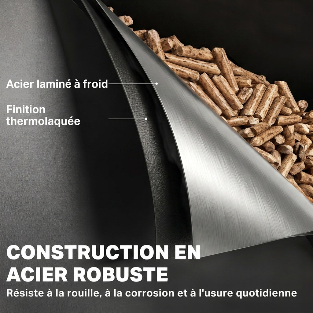 Réservoir à Pellets Granulés en Acier 30 kg, Roulettes, Fenêtre de Niveau, Tamis avec Poignée, 36,5x36,5x61,5cm, Noir-4
